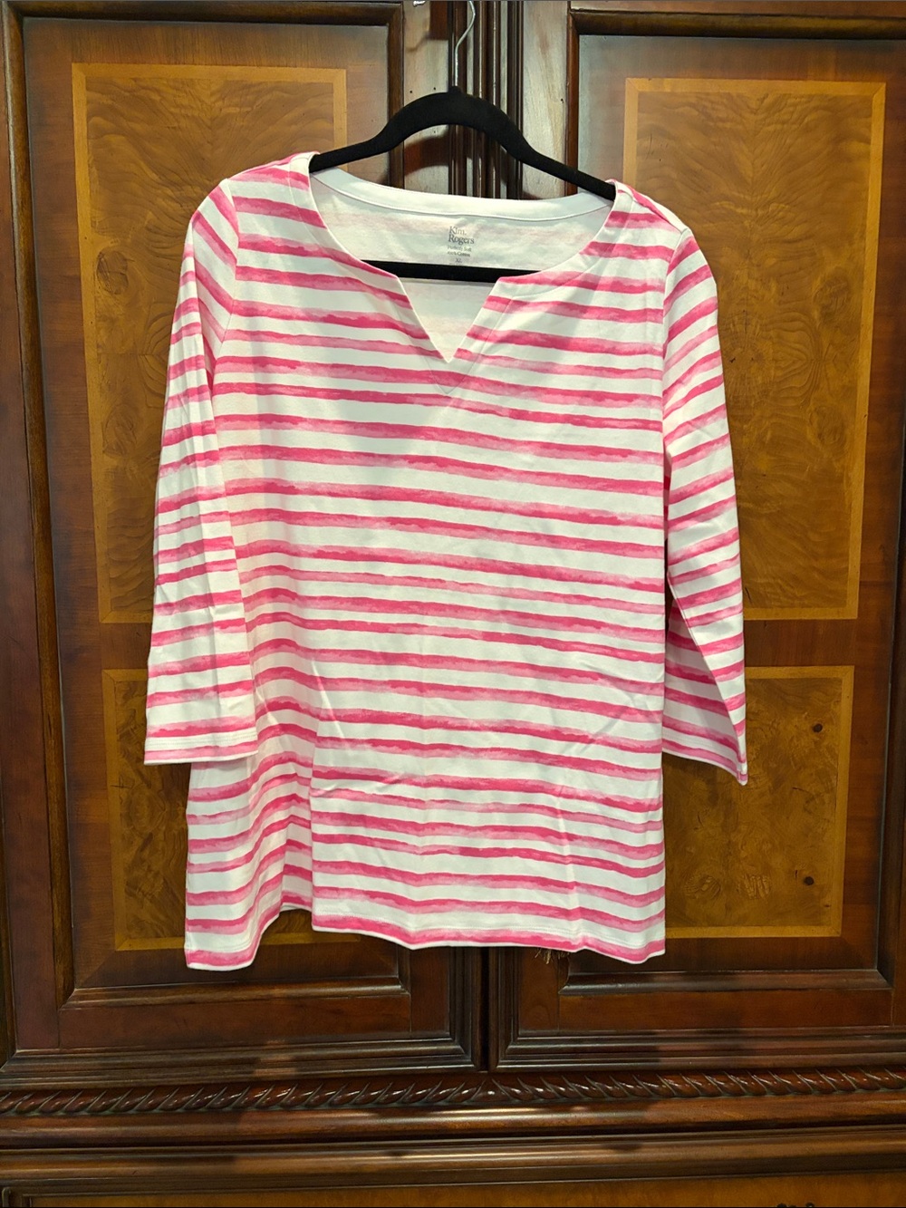 Kim Rogers Pink and White Striped V-Notch Knit Tunic